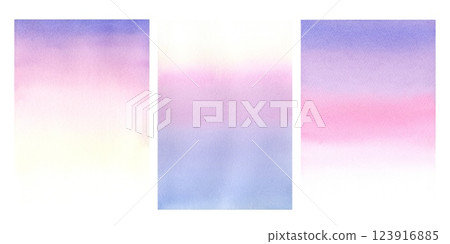 Purple blue pink yellow abstract background. Blurred vertical soft gradient from top to bottom of image. Set of watercolor patterns of gentle sunrise or sunset. Multicolor morning sky 123916885