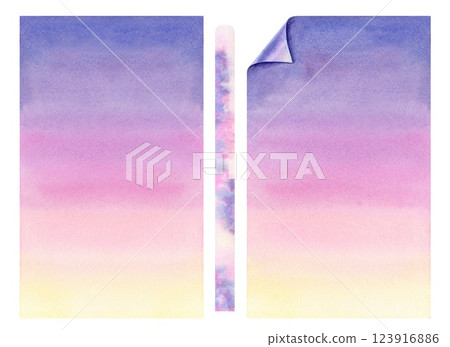 Purple blue pink yellow abstract background. Blurred vertical soft gradient from the top to the bottom of the image. Watercolor template of sunrise or sunset. Gradient pattern with curled corner 123916886