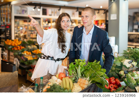 Woman pointing to something at supermarket 123916966