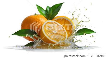 Orange and lemon slices splashing in water with green leaves Orange and lemon slices splashing in water with green leaves 123916980