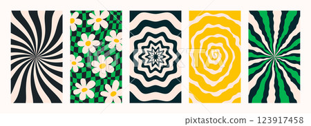 Abstract psychedelic retro pattern set. Groovy Trendy backgrounds in abstract y2k style. Vector graphic for posters and art prints. 123917458