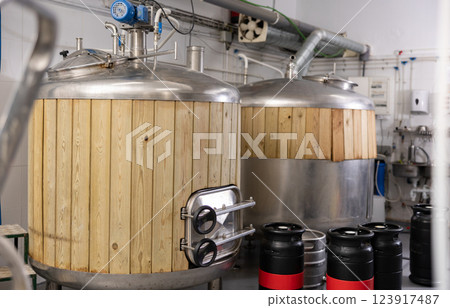 Steel fermenters with wood trim and kegs in brewery 123917487