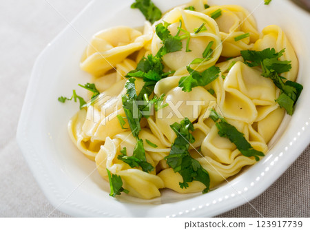Delicious appetizing dumplings with parsley 123917739