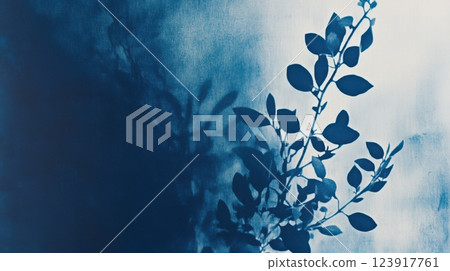 abstract cyanotype botanical composition with soft light diffusion, delicate plant shadows, deep indigo and navy blue textures, artistic organic nature-inspired print with vintage aesthetics 123917761