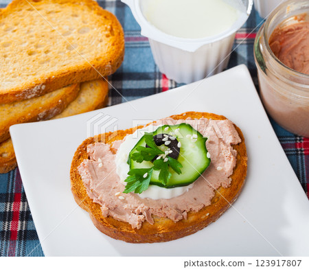 Toast with pate, cheese, cucumber 123917807