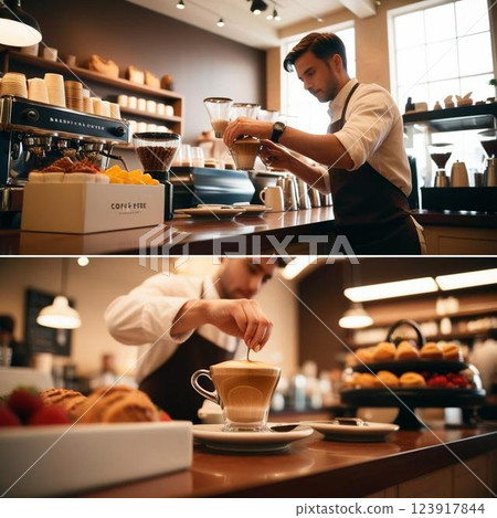 咖啡師在咖啡館工作 咖啡師在咖啡館工作 123917844