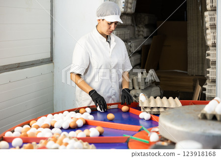 Focused young Latin female farmer worker in uniform sorting and labeling chicken eggs on farm Focused young Latin female farmer worker in uniform sorting and labeling chicken eggs on farm 123918168