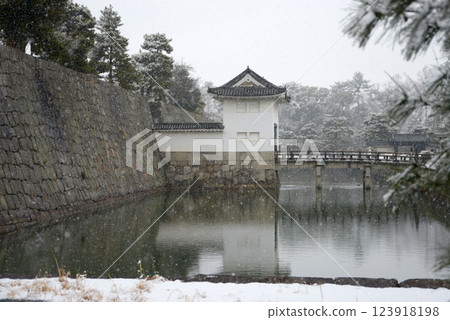 Snow-covered Nijo Castle: Inner moat and Honmaru Yaguramon Gate, Nakagyo Ward, Kyoto City 123918198