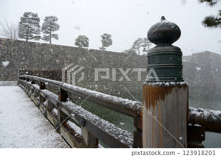 Snow-covered Nijo Castle: Railing of Uchibori Nishibashi Bridge, Nakagyo Ward, Kyoto City 123918201