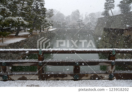 Snow-covered Nijo Castle: Railing of Uchibori Nishibashi Bridge, Nakagyo Ward, Kyoto City Snow-covered Nijo Castle: Railing of Uchibori Nishibashi Bridge, Nakagyo Ward, Kyoto City 123918202