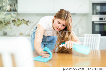 Attentive European teen girl in casual clothes spraying detergent on microfiber rag and wiping countertop in cozy cuisine 123918408