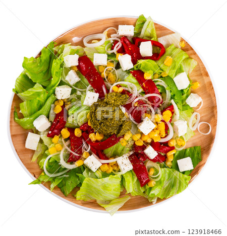 Salad with feta, corn, peppers and pesto sauce 123918466