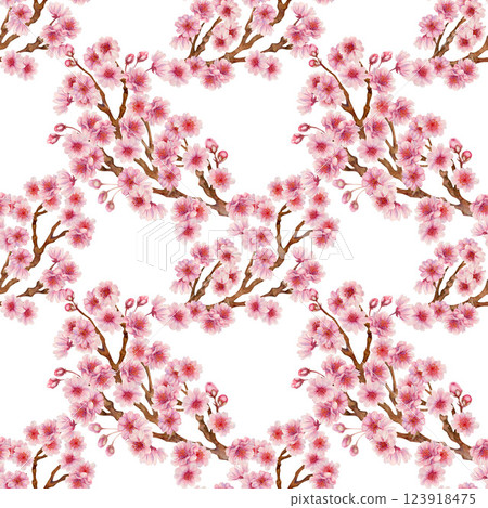 Pink blossoming branches of a blooming flowers. Seamless pattern of cherry, apple, almond flowers 123918475