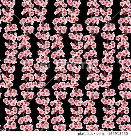 Pink blossoming branches of a spring tree . Seamless pattern of sakura flowers on a black background Pink blossoming branches of a spring tree . Seamless pattern of sakura flowers on a black background 123918480