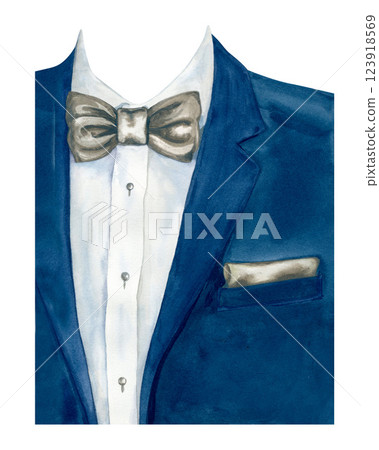 Men's blue jacket with shirt, tie, bow tie, handkerchief. Watercolor template of men's wardrobe. Guide to color combinations of men's suit and tie. Fashionable gentleman's clothes for wedding, prom. 123918569