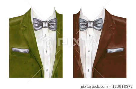 Men's jacket with shirt, bow tie. Guide to color combinations of suit and tie. Fashionable gentleman's clothes for wedding, prom. 123918572