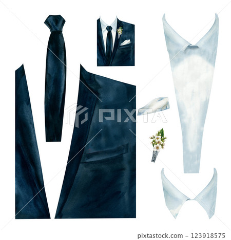 Men's jacket with shirt, tie, bow tie, boutonniere and handkerchief. Watercolor template designer for men's wardrobe. Designer of fashionable gentleman's clothes for wedding, graduation, groom 123918575
