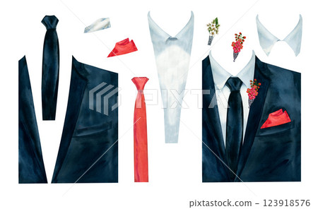 Men's jacket with shirt, tie, bow tie, boutonniere and handkerchief. Watercolor template designer for men's wardrobe. Designer of fashionable gentleman's clothes for wedding, graduation, groom Men's jacket with shirt, tie, bow tie, boutonniere and handkerchief. Watercolor template designer for men's wardrobe. Designer of fashionable gentleman's clothes for wedding, graduation, groom 123918576