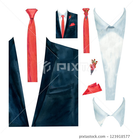 Men's jacket with shirt, tie, bow tie, boutonniere and handkerchief. Watercolor template designer for men's wardrobe. Designer of fashionable gentleman's clothes for wedding, graduation, groom Men's jacket with shirt, tie, bow tie, boutonniere and handkerchief. Watercolor template designer for men's wardrobe. Designer of fashionable gentleman's clothes for wedding, graduation, groom 123918577