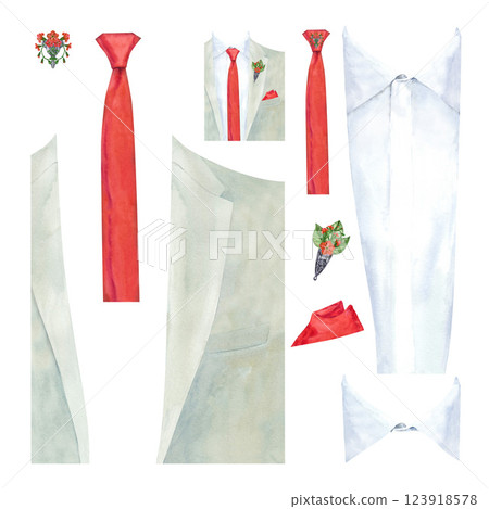 Men's jacket with shirt, tie, bow tie, boutonniere and handkerchief. Watercolor template designer for men's wardrobe. Designer of fashionable gentleman's clothes for wedding, graduation, groom Men's jacket with shirt, tie, bow tie, boutonniere and handkerchief. Watercolor template designer for men's wardrobe. Designer of fashionable gentleman's clothes for wedding, graduation, groom 123918578