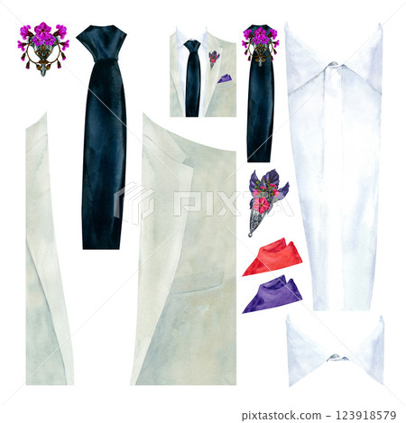 Men's jacket with shirt, tie, bow tie, boutonniere and handkerchief. Watercolor template designer for men's wardrobe. Designer of fashionable gentleman's clothes for wedding, graduation, groom Men's jacket with shirt, tie, bow tie, boutonniere and handkerchief. Watercolor template designer for men's wardrobe. Designer of fashionable gentleman's clothes for wedding, graduation, groom 123918579