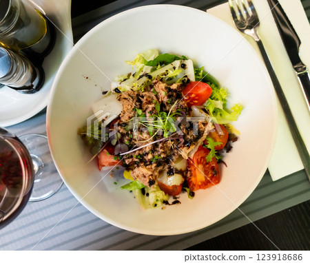 Spanish tuna salad with confit leek and modena Spanish tuna salad with confit leek and modena 123918686