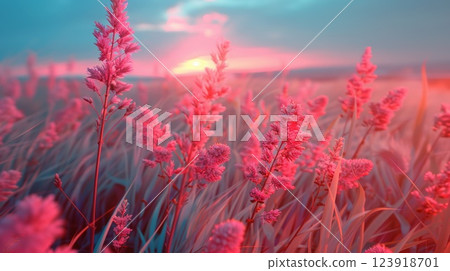 Artistic Landscape of Pink Grasses at Sunset in Pastel Colors 123918701