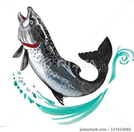 Jumping salmon fish. Hand drawn watercolour illustration Jumping salmon fish. Hand drawn watercolour illustration 123919060