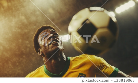 Brazilian football player heading soccer ball in stadium Brazilian football player heading soccer ball in stadium 123919063