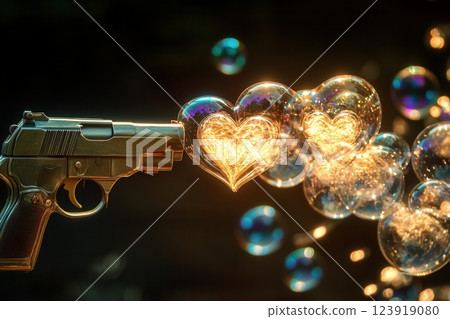 Gun shooting heart shaped bubbles spreading love and romantic feelings 123919080