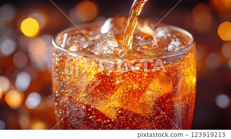 A glass of cola with ice, fizzy bubbles rising, and warm bokeh lights in the background 123919213