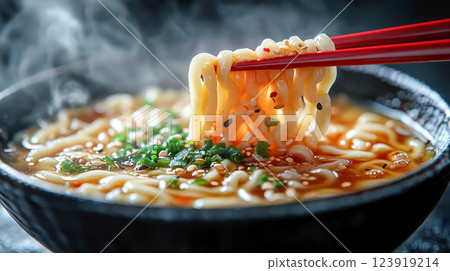 Steaming bowl of udon noodles lifted by red chopsticks, garnished with fresh green onions and sesame seeds 123919214