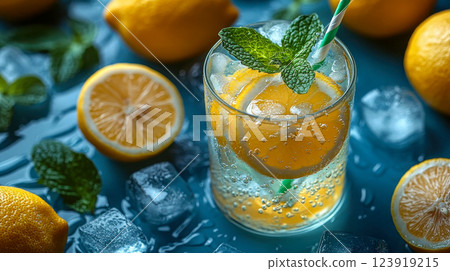 A refreshing lemon cocktail with mint leaves, ice cubes, and a straw 123919215