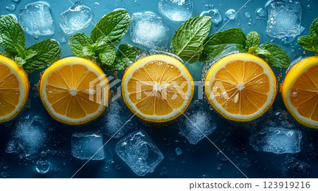 Close-up of sliced lemons on ice with fresh mint leaves 123919216
