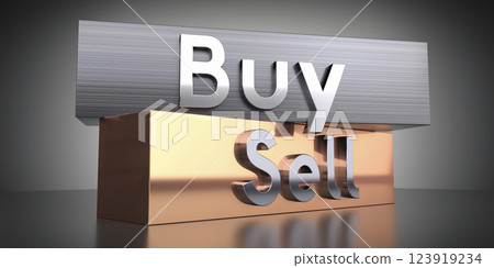 Buy, sell - words on metal blocks - 3D illustration Buy, sell - words on metal blocks - 3D illustration 123919234