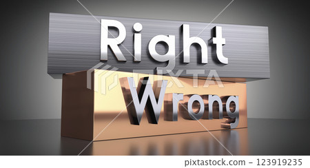 Right, wrong - words on metal blocks - 3D illustration 123919235