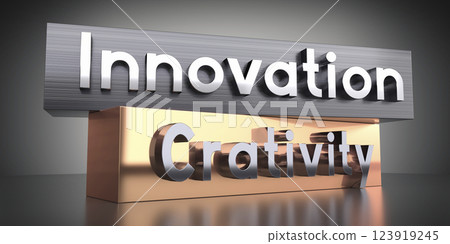 Innovation, creativity - words on metal blocks - 3D illustration 123919245