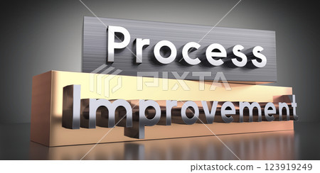 Process improvement - words on metal blocks - 3D illustration 123919249