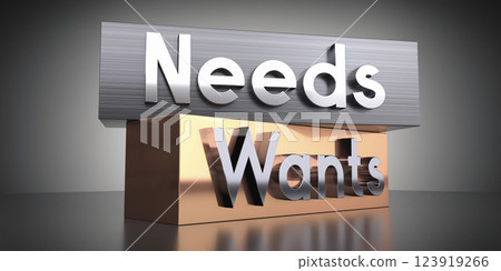 Needs, wants - words on metal blocks - 3D illustration Needs, wants - words on metal blocks - 3D illustration 123919266