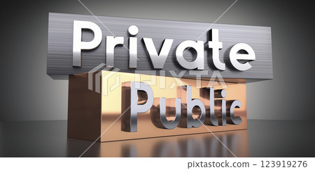 Private, public - words on metal blocks - 3D illustration Private, public - words on metal blocks - 3D illustration 123919276