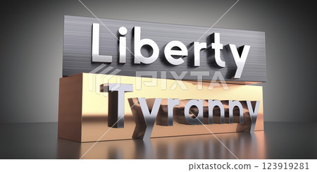 Liberty, tyranny - words on metal blocks - 3D illustration Liberty, tyranny - words on metal blocks - 3D illustration 123919281