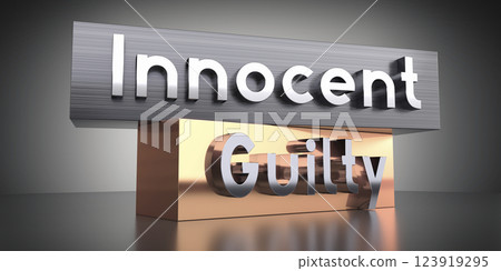 Innocent, guilty - words on metal blocks - 3D illustration 123919295