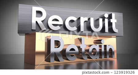 Recruit, retain - words on metal blocks - 3D illustration Recruit, retain - words on metal blocks - 3D illustration 123919326