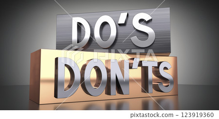 Do's, don'ts - words on metal blocks - 3D illustration Do's, don'ts - words on metal blocks - 3D illustration 123919360