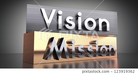 Vision, mission - words on metal blocks - 3D illustration 123919362