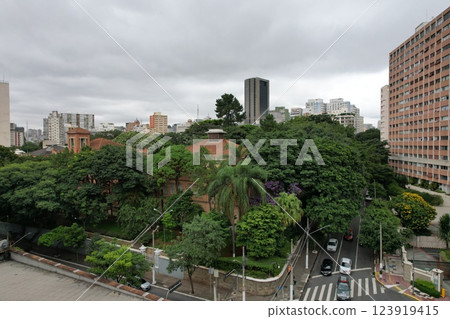 Diverse urban landscape in Sao Paulo featuring greenery and buildings 123919415