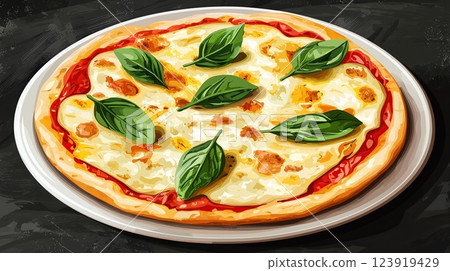 Delicious margherita pizza topped with fresh basil leaves on a white plate Delicious margherita pizza topped with fresh basil leaves on a white plate 123919429