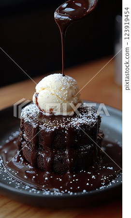 Chocolate dessert with melting ice cream and rich sauce served on a wooden table 123919454