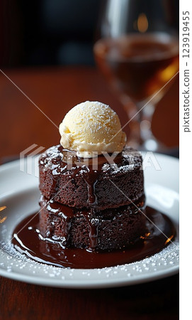 Decadent chocolate dessert served with vanilla ice cream and syrup at a cozy restaurant during dinner 123919455