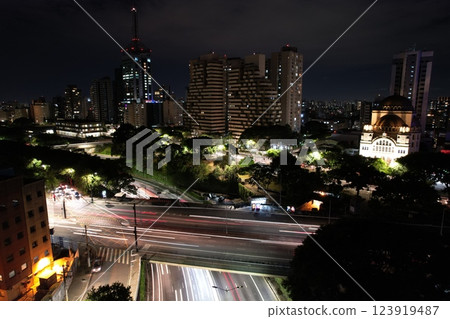 Cityscape at night showcasing urban life and movement in a lively area Cityscape at night showcasing urban life and movement in a lively area 123919487